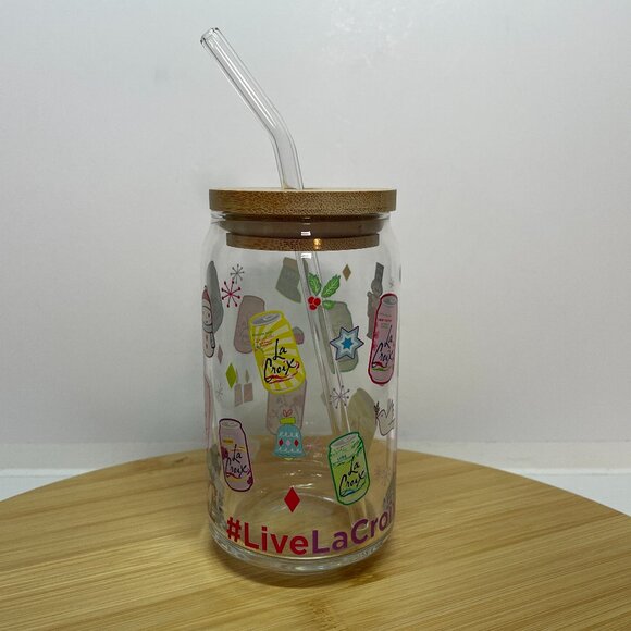 La Croix Holiday Christmas Water Drink Glass Wood Lid Glass Straw Promo - Picture 1 of 6